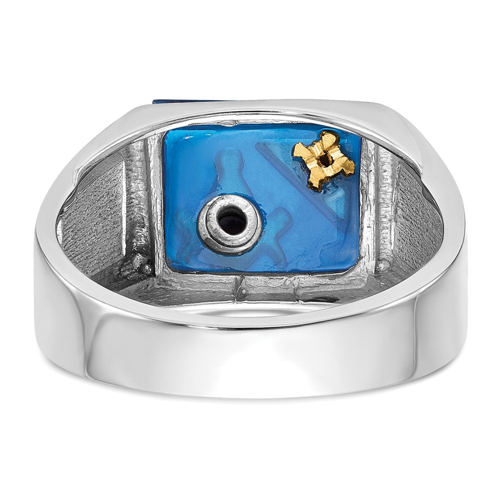 14k White Gold Mens Polished and Textured with Black Enamel Diamond and Imitation Blue Spinel Masonic Ring