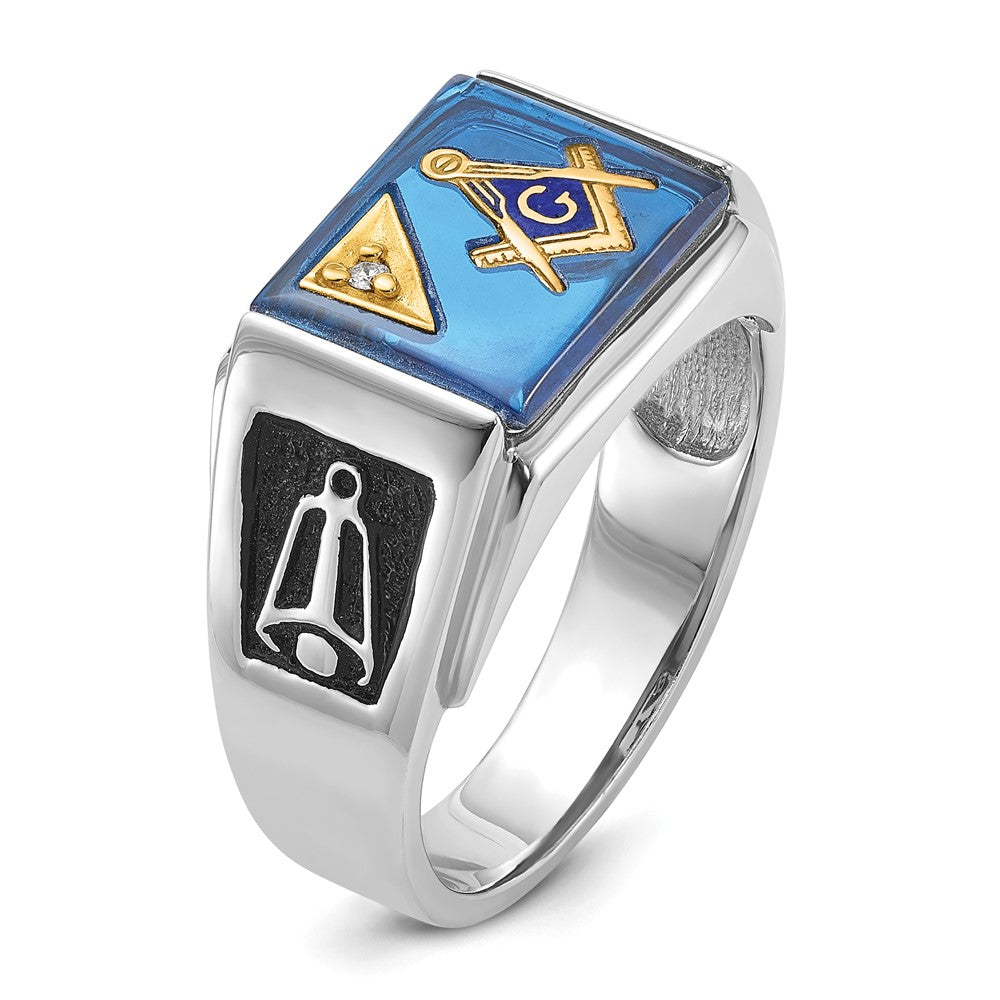 14k White Gold Mens Polished and Textured with Black Enamel Diamond and Imitation Blue Spinel Masonic Ring