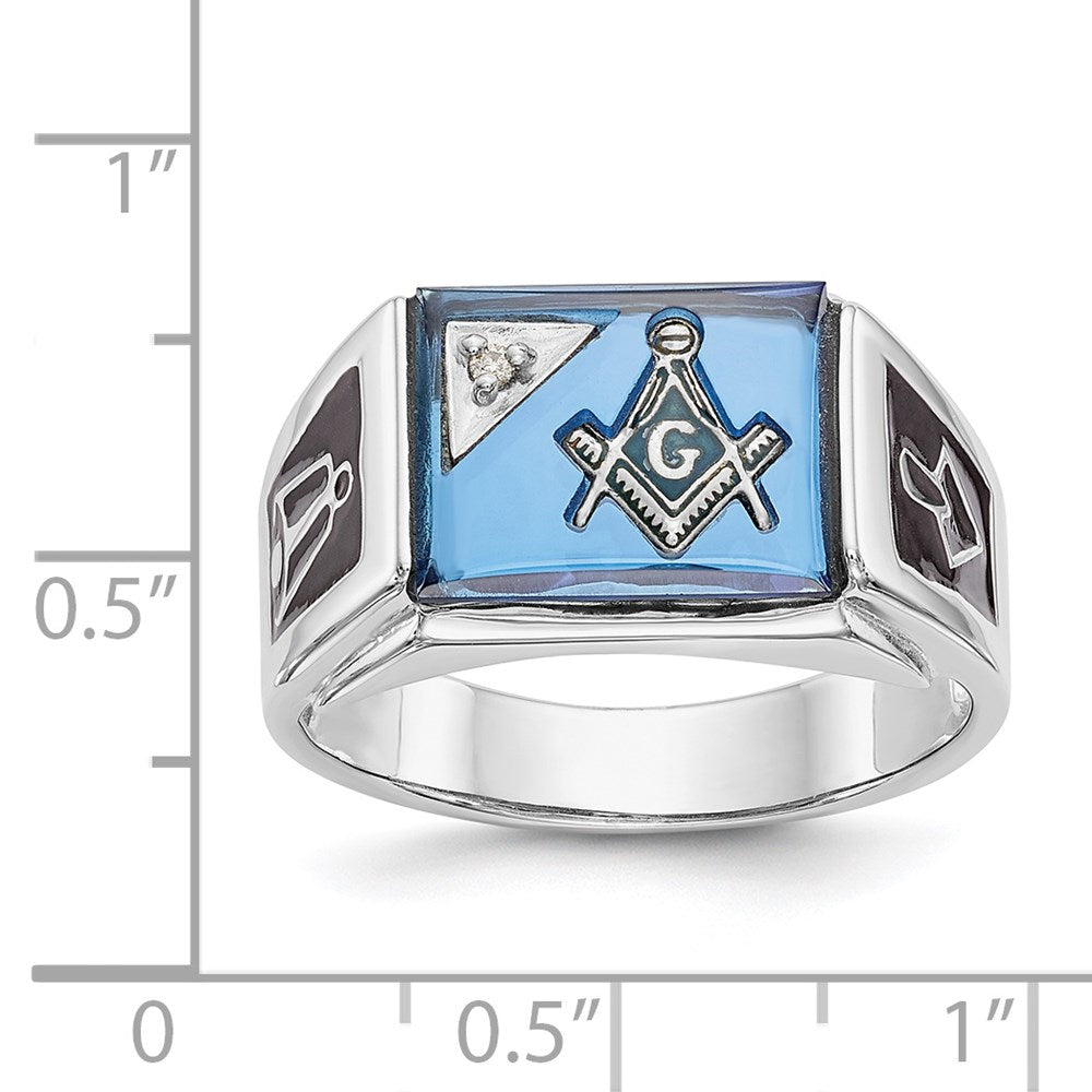 14k White Gold Mens Polished and Textured with Black Enamel Diamond and Imitation Blue Spinel Masonic Ring