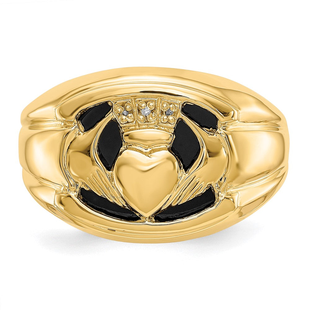 14K Yellow Gold Natural Diamond & Black Onyx Men's Claddagh Band Ring - Irish Celtic Fine Jewelry