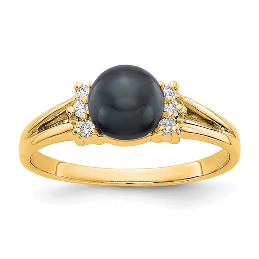 14k Gold 6mm Black FW Cultured Pearl A Real Diamond ring