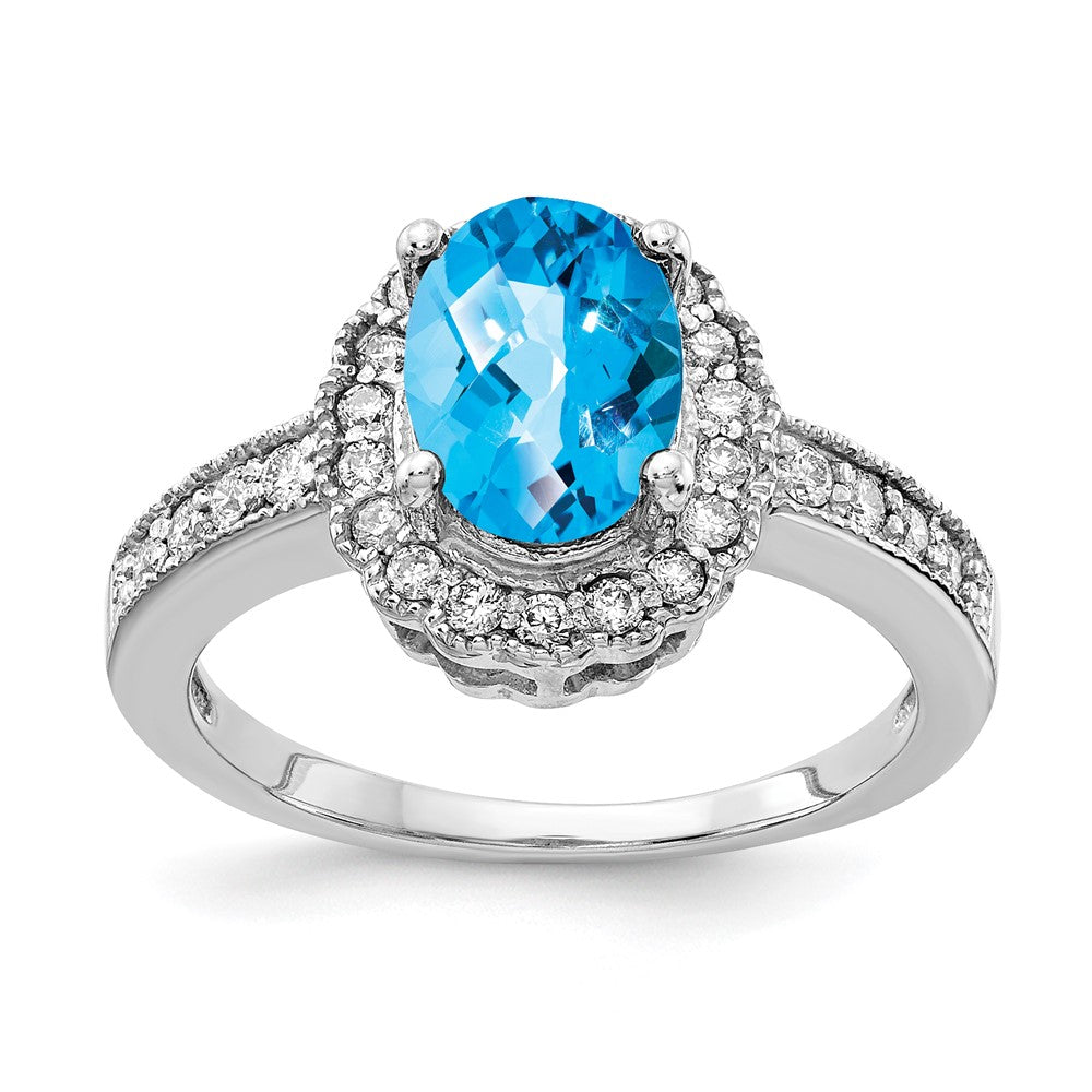 14k White Gold 8x6mm Oval Blue Topaz Checker VS Diamond ring