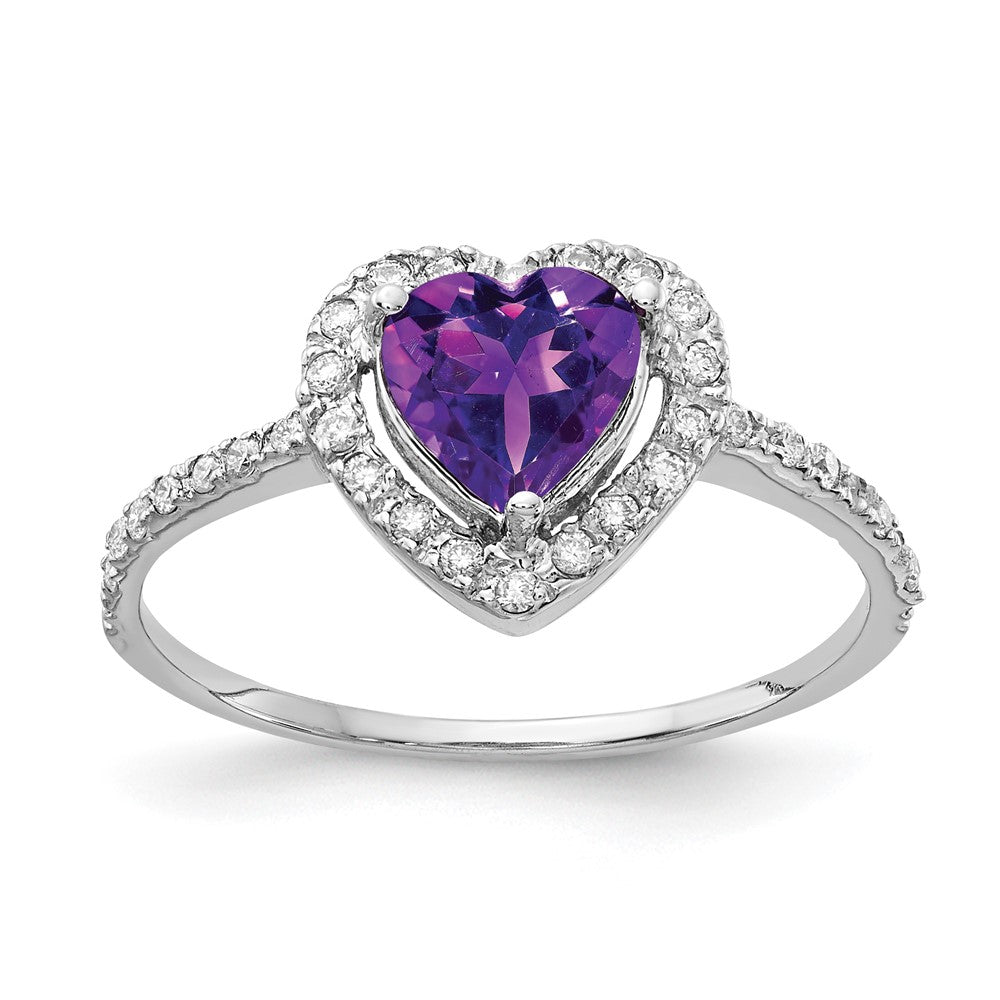 14k White Gold 6mm Heart Amethyst AA Real Diamond ring