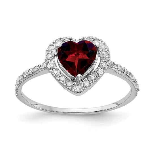 14k White Gold 6mm Heart Garnet AA Real Diamond ring