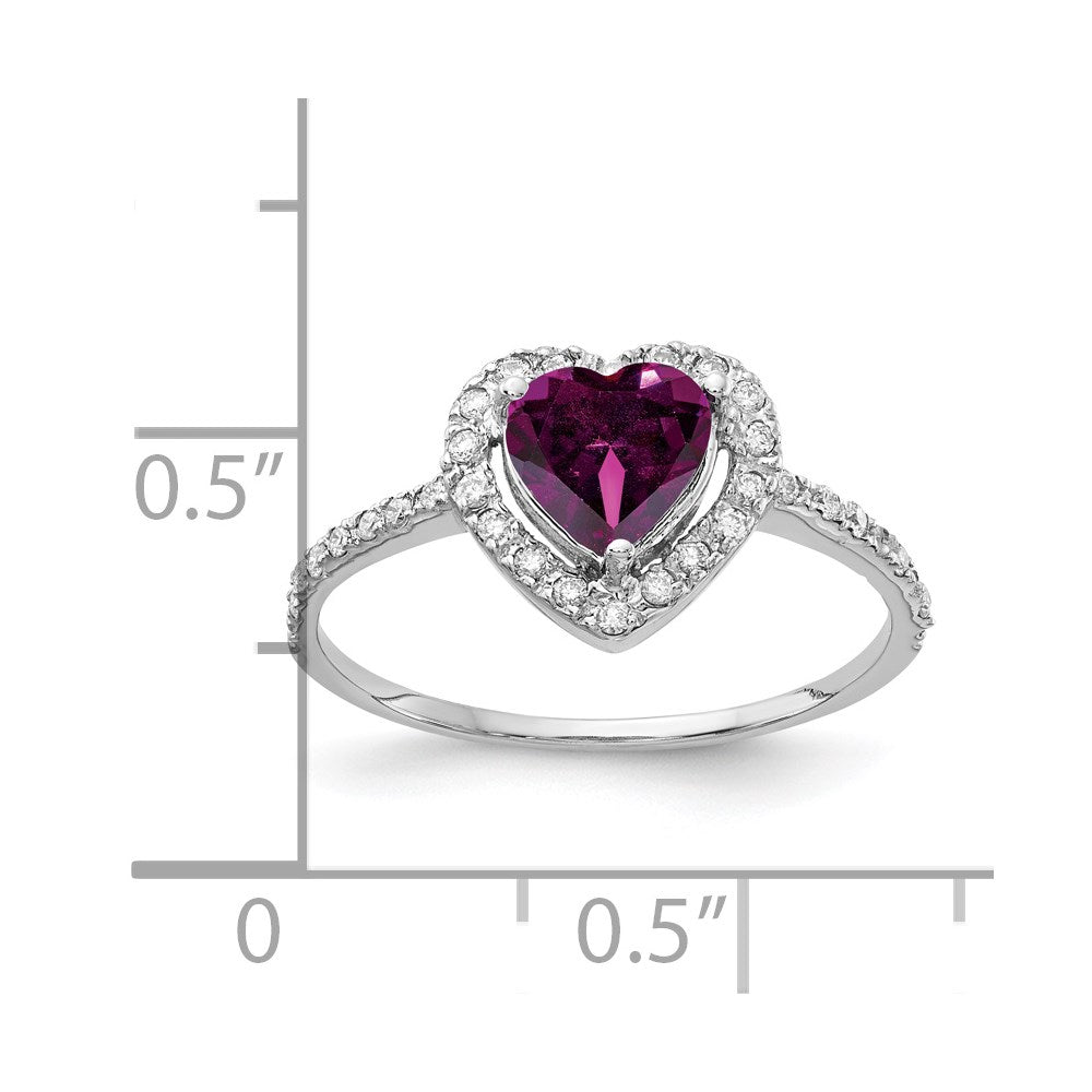 14k White Gold 6mm Heart Rhodolite Garnet VS Diamond ring