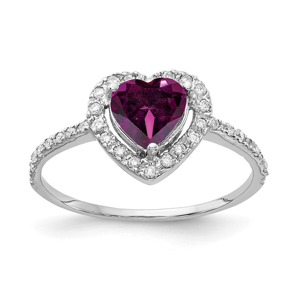 14k White Gold 6mm Heart Rhodolite Garnet VS Diamond ring