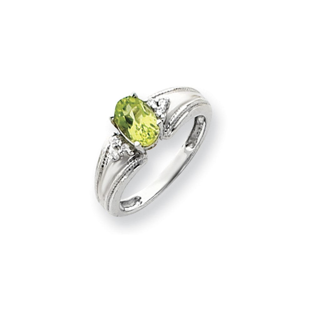 14k White Gold 7x5mm Oval Peridot Checker AA Diamond ring