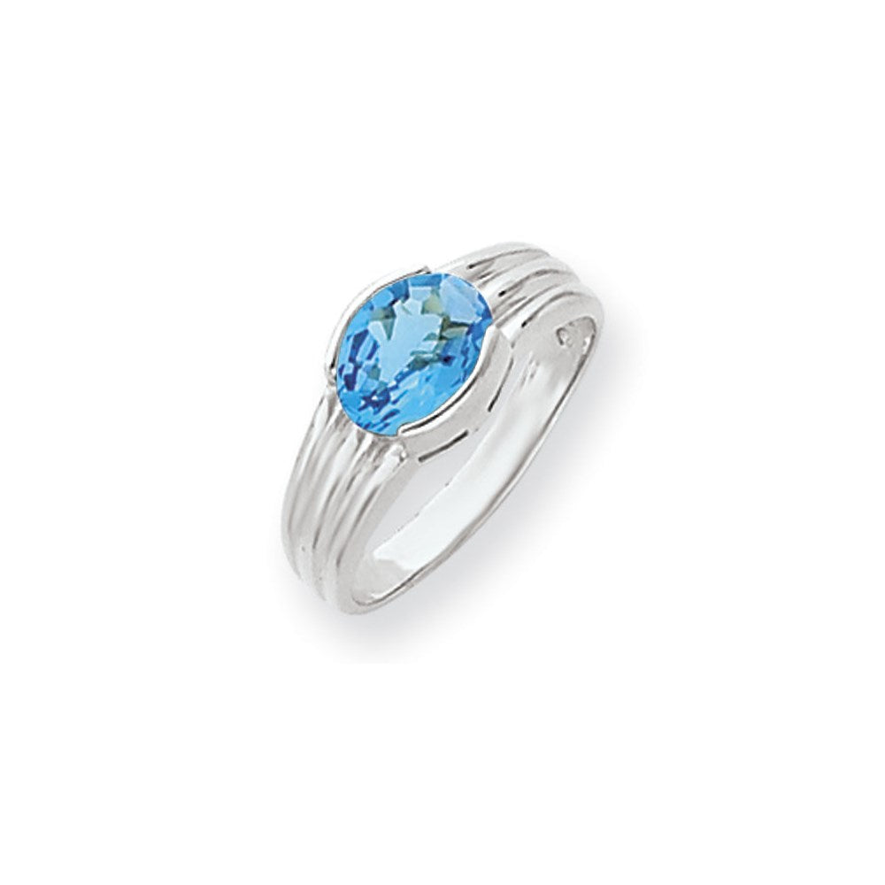 14k White Gold 8x6mm Oval Blue Topaz Checker ring