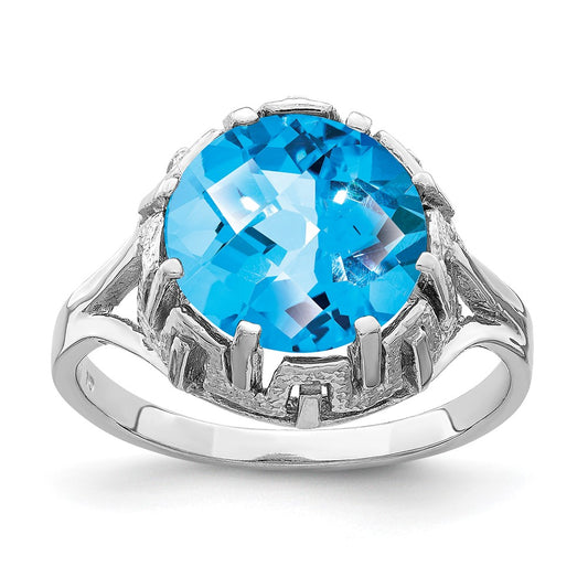 14k White Gold 10mm Blue Topaz Checker ring