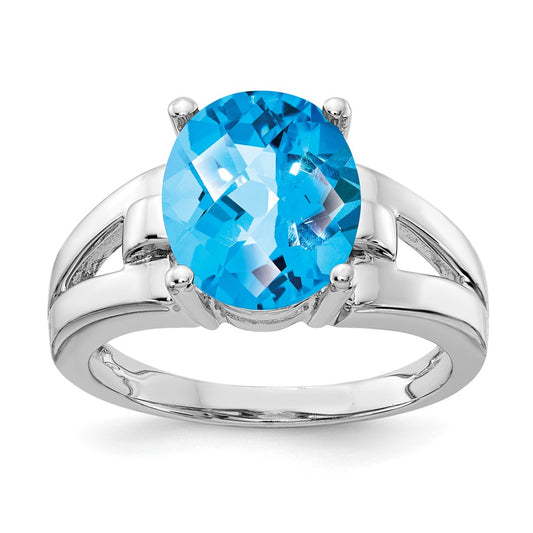 14k White Gold 11x9mm Oval Blue Topaz Checker ring