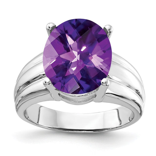 14k White Gold 12x10mm Oval Amethyst Checker ring