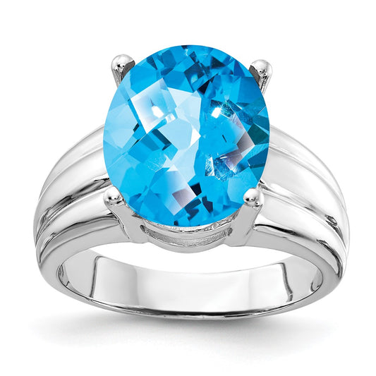 14k White Gold 12x10mm Oval Blue Topaz Checker ring