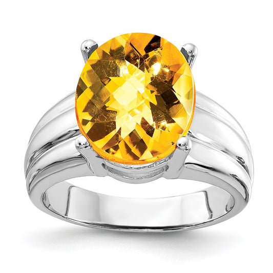 14k White Gold 12x10mm Oval Citrine Checker ring