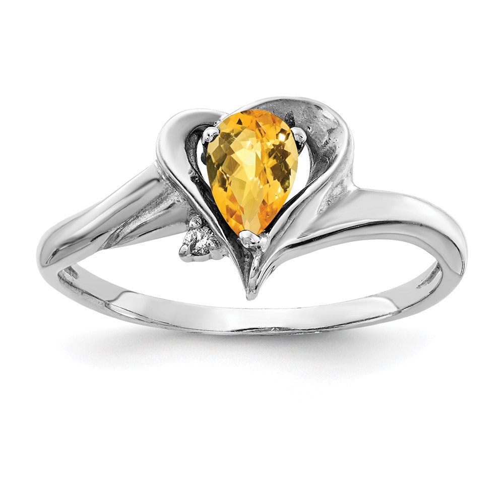 14k White Gold 6x4mm Pear Citrine Checker AAA Diamond ring