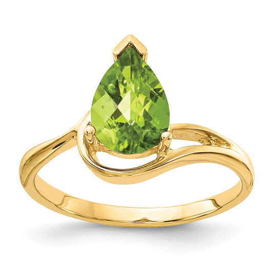 14K Yellow Gold 9x6mm Pear Peridot Checker ring