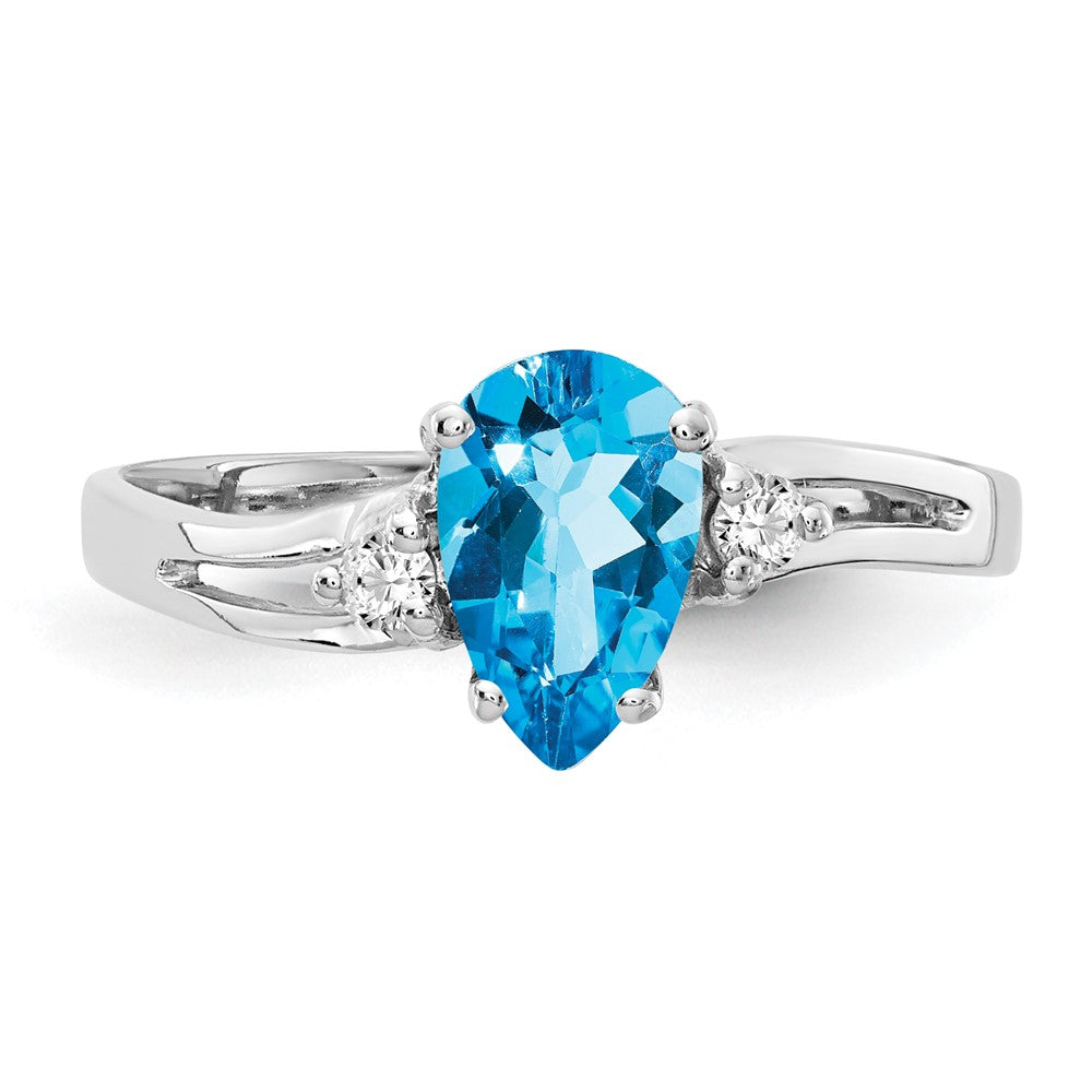 14k White Gold 7x5mm Pear Blue Topaz AAA Diamond ring