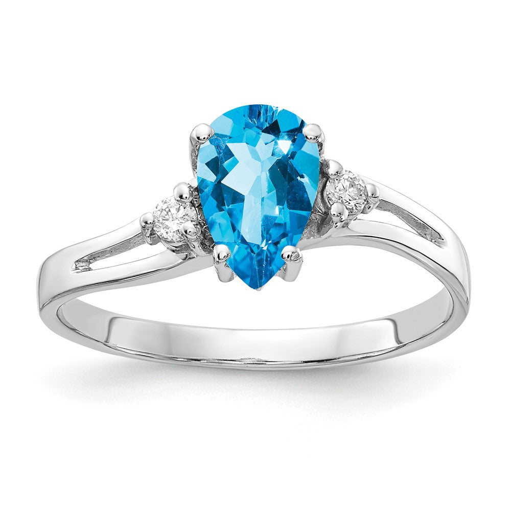 14k White Gold 7x5mm Pear Blue Topaz AAA Diamond ring