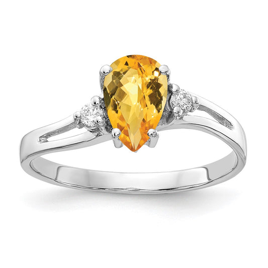 14k White Gold 7x5mm Pear Citrine Checker AA Diamond ring