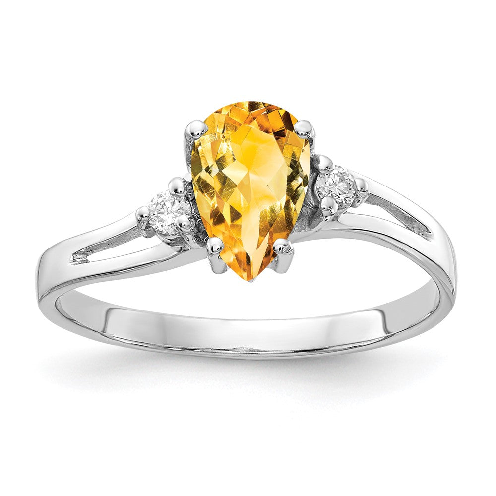 14k White Gold 7x5mm Pear Citrine AAA Diamond ring