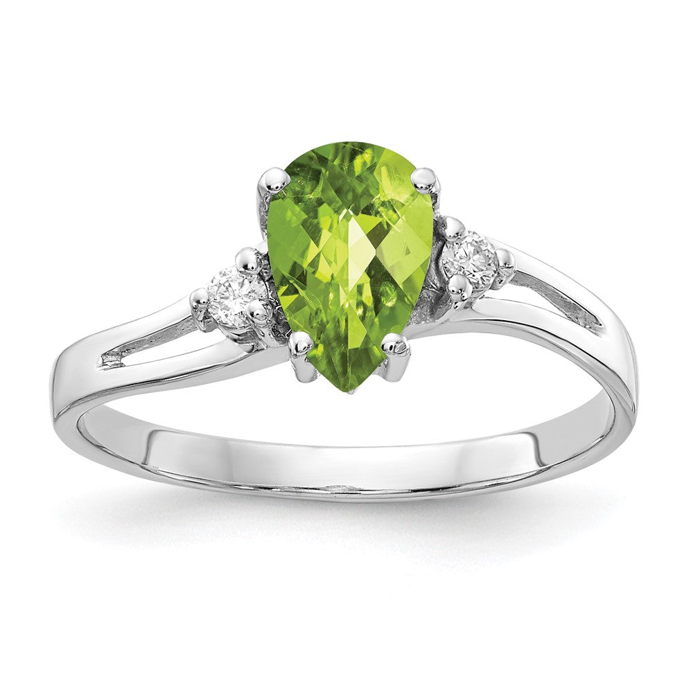 14k White Gold 7x5mm Pear Peridot Checker AA Diamond ring