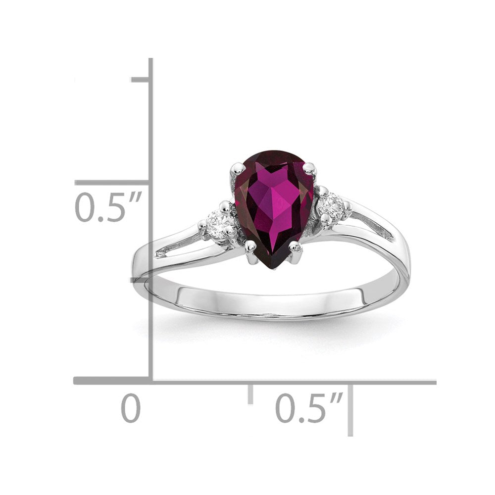 14k White Gold 7x5mm Pear Rhodolite Garnet VS Diamond ring