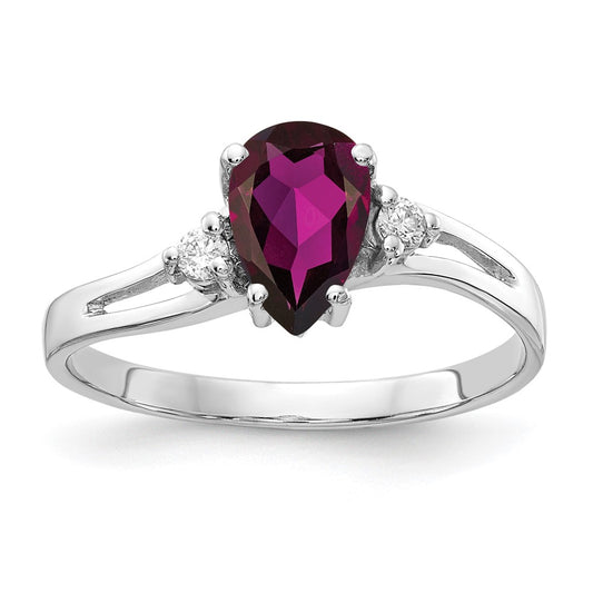 14k White Gold 7x5mm Pear Rhodolite Garnet AAA Diamond ring