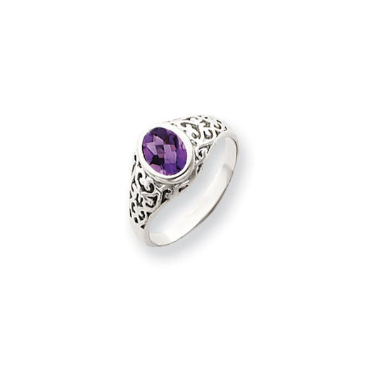 14k White Gold 7x5mm Oval Amethyst Checker ring