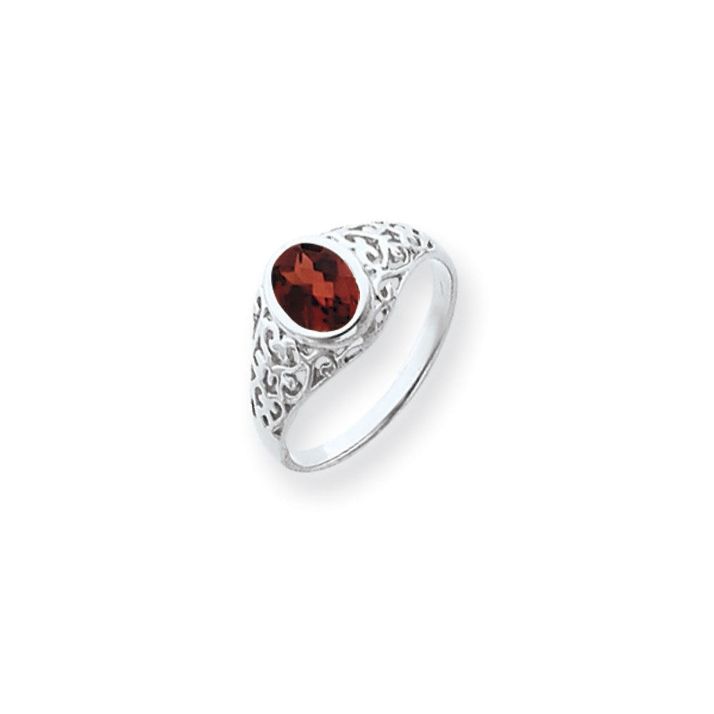 14k White Gold 7x5mm Oval Garnet Checker ring