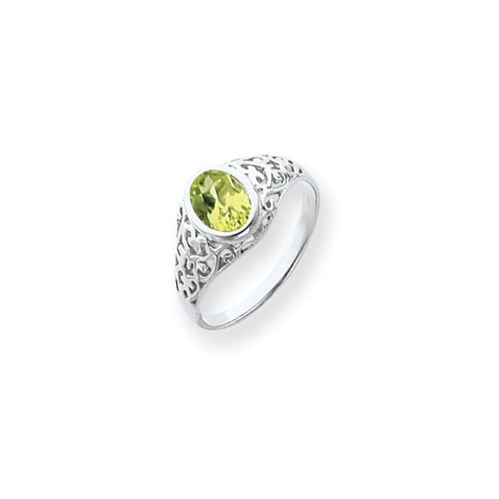 14k White Gold 7x5mm Oval Peridot Checker ring