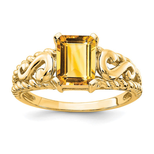 14K Yellow Gold 8x6mm Emerald Cut Citrine ring