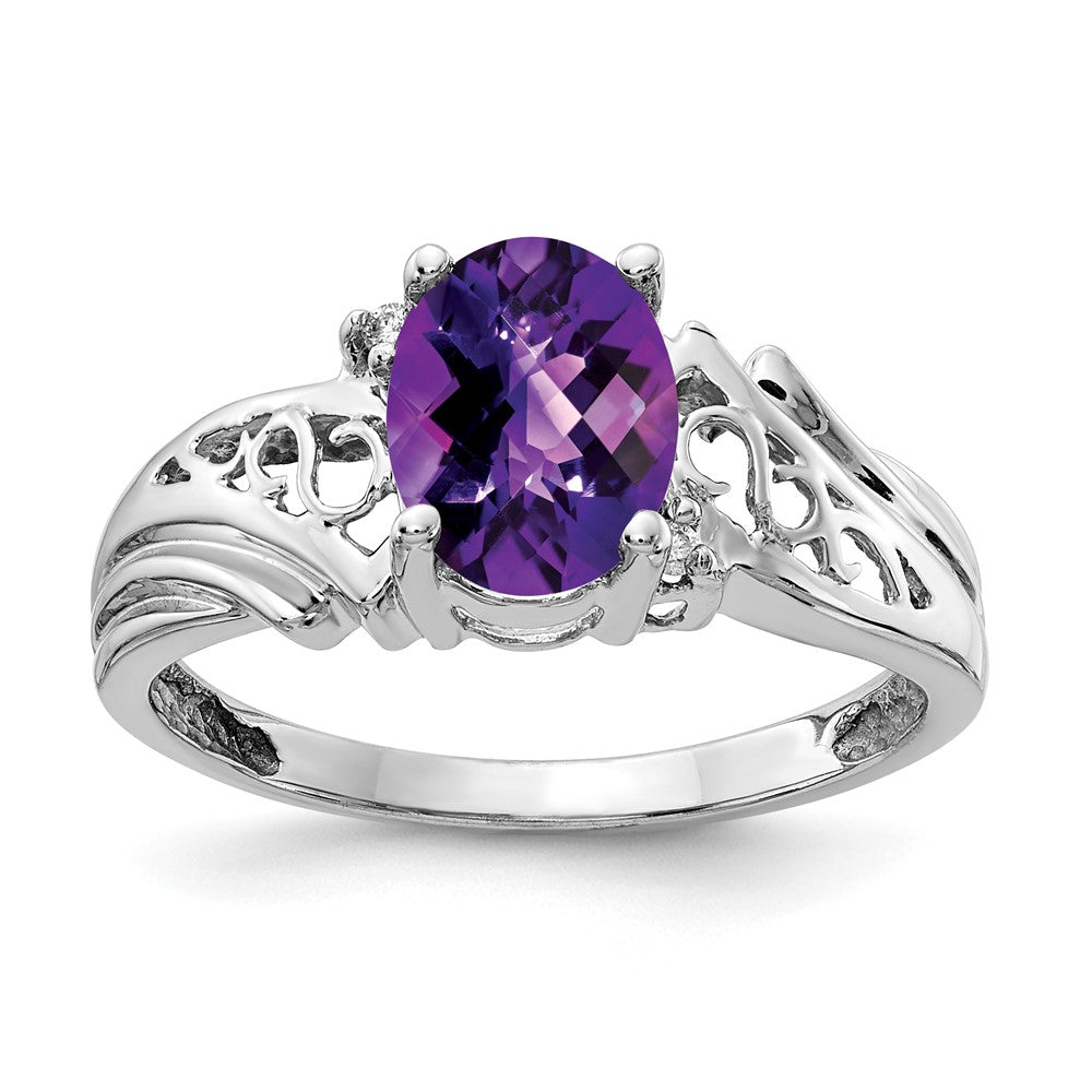 14k White Gold 8x6mm Oval Amethyst Checker AAA Diamond ring