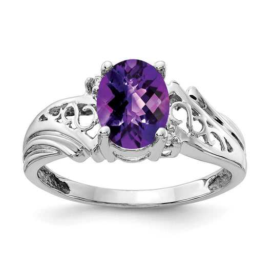 14k White Gold 8x6mm Oval Amethyst Checker VS Diamond ring