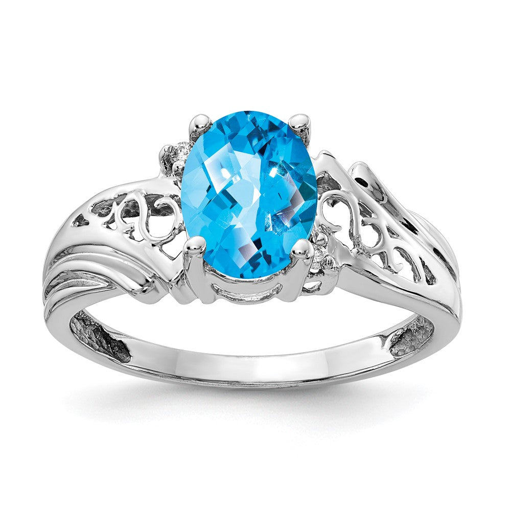 14k White Gold 8x6mm Oval Blue Topaz Checker AA Diamond ring