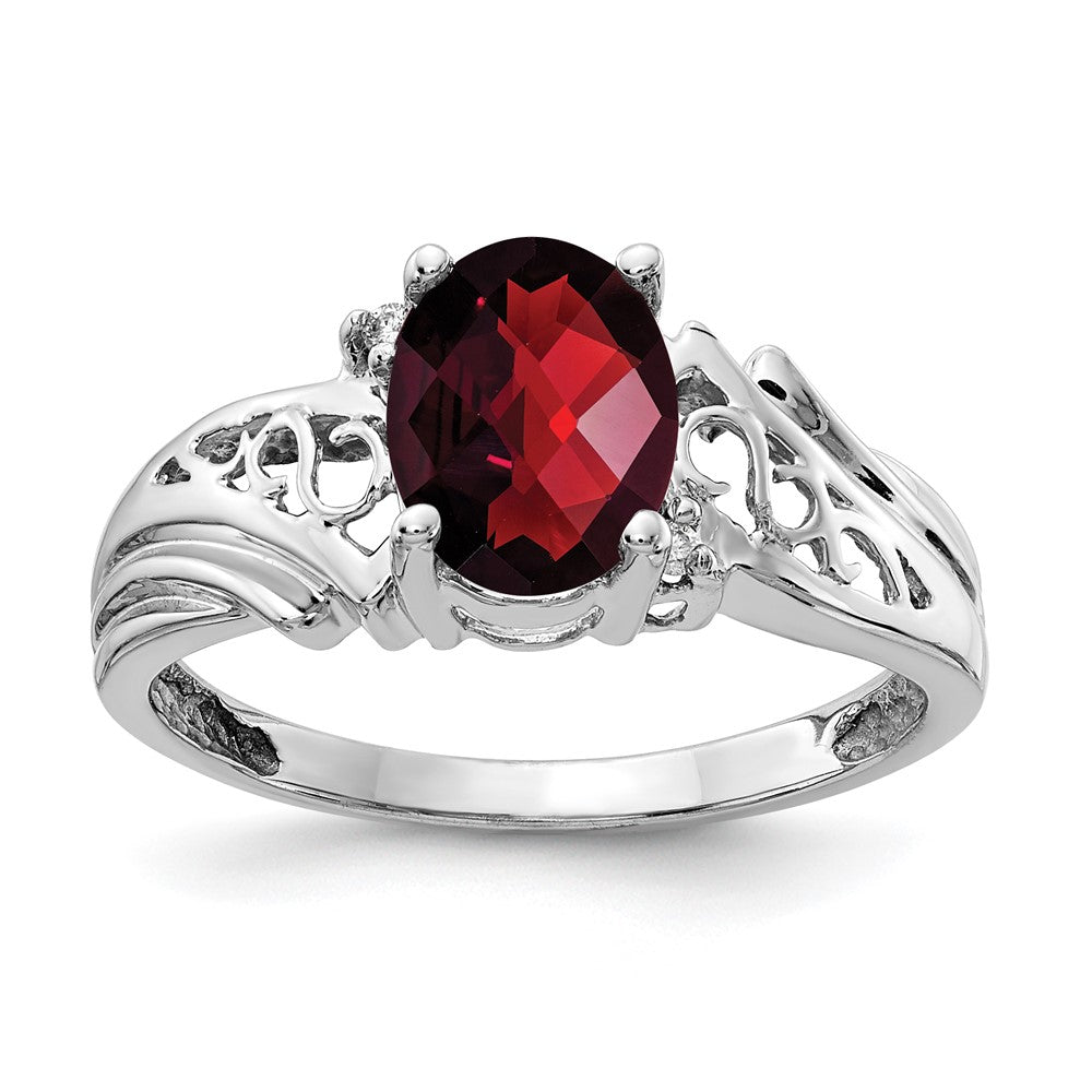 14k White Gold 8x6mm Oval Garnet Checker AA Diamond ring