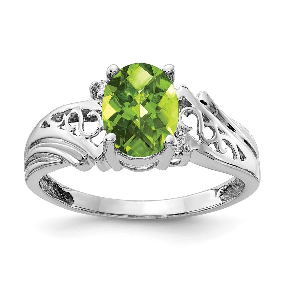 14k White Gold 8x6mm Oval Peridot Checker AAA Diamond ring