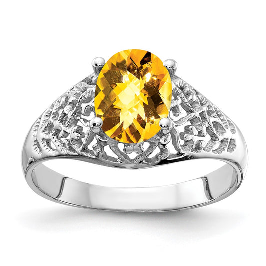 14k White Gold 8x6mm Oval Citrine Checker ring