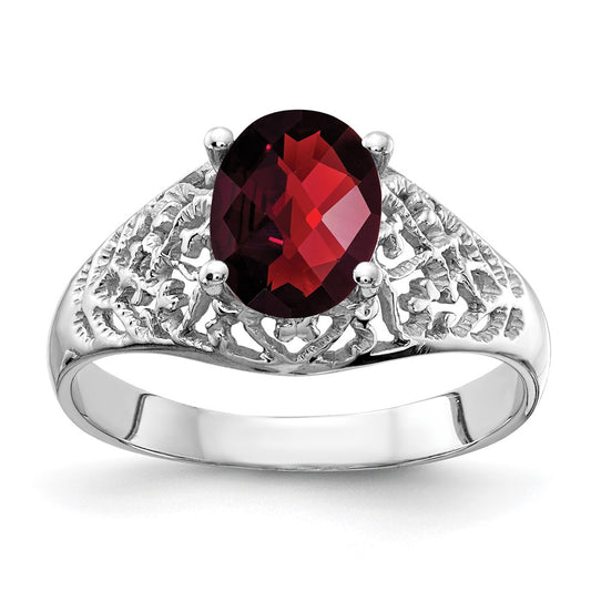 14k White Gold 8x6mm Oval Garnet Checker ring