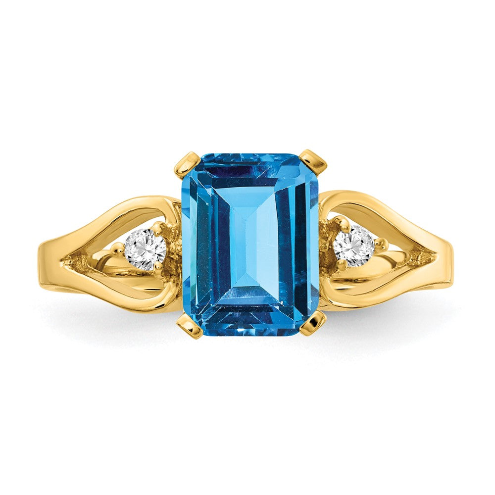 14k Yellow Gold 8x6mm Emerald Cut Blue Topaz AAA Diamond ring