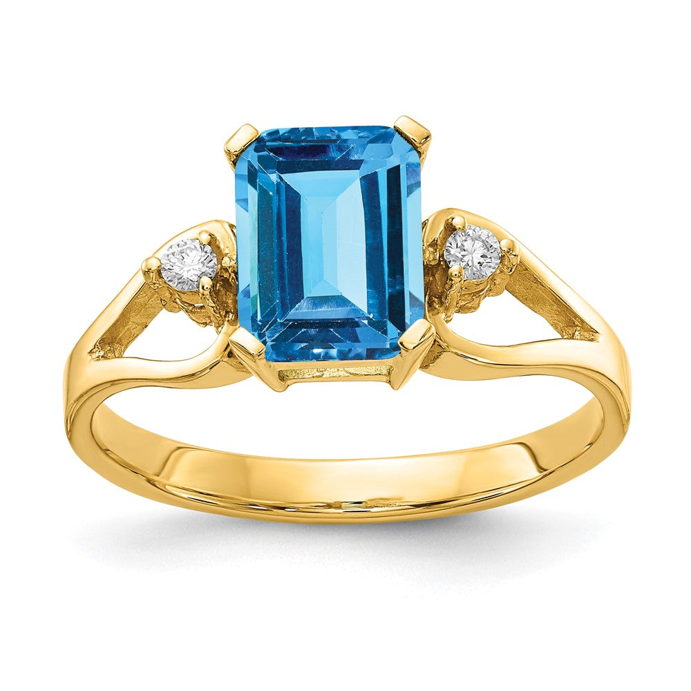 14k Yellow Gold 8x6mm Emerald Cut Blue Topaz AAA Diamond ring