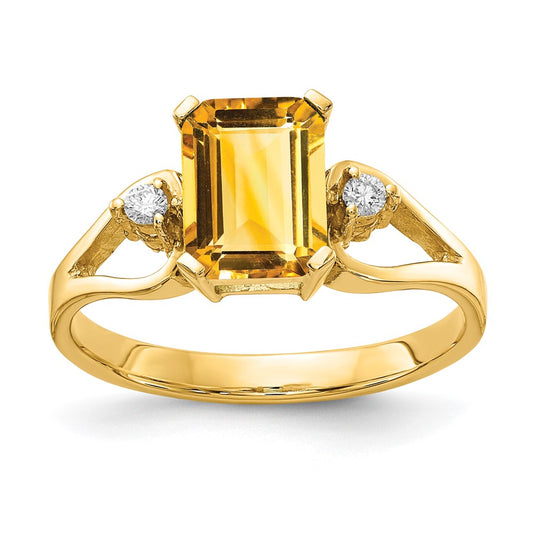 14k Yellow Gold 8x6mm Emerald Cut Citrine VS Diamond ring