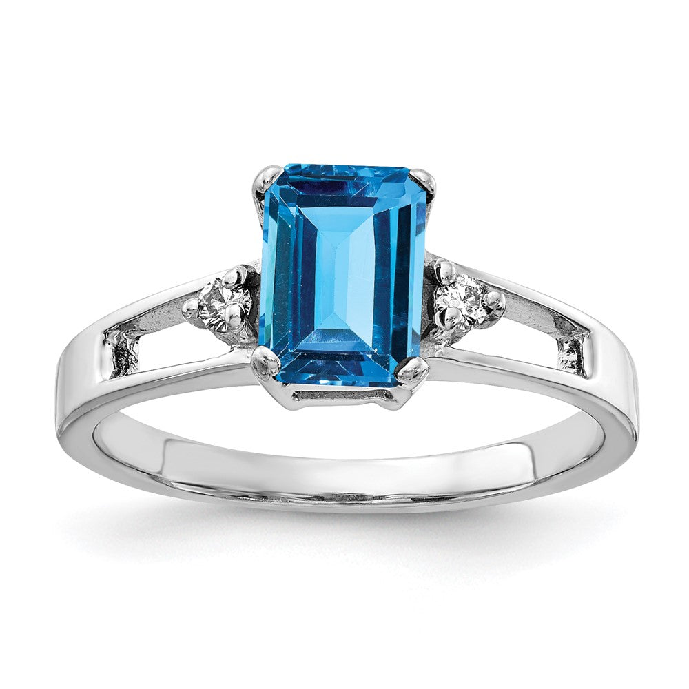 14k White Gold 7x5mm Emerald Cut Blue Topaz AAA Diamond ring