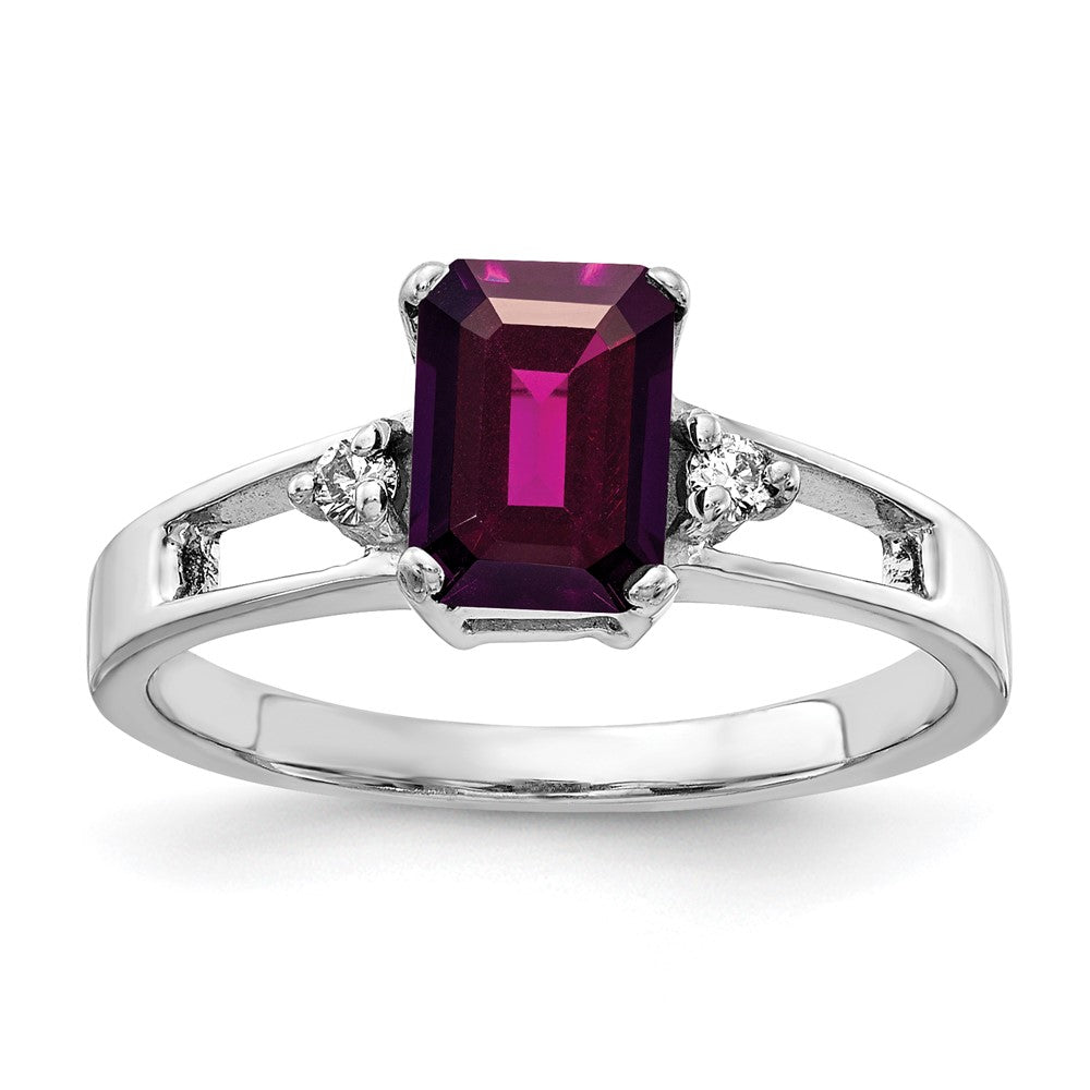 14k White Gold 7x5mm Emerald Cut Rhodolite Garnet AAA Diamond ring