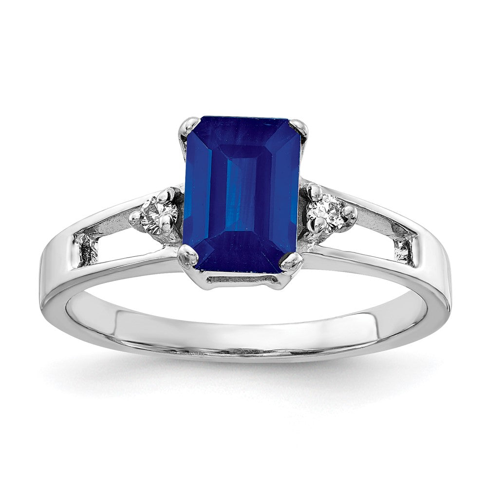 14k White Gold 7x5mm Emerald Cut Sapphire AA Diamond ring