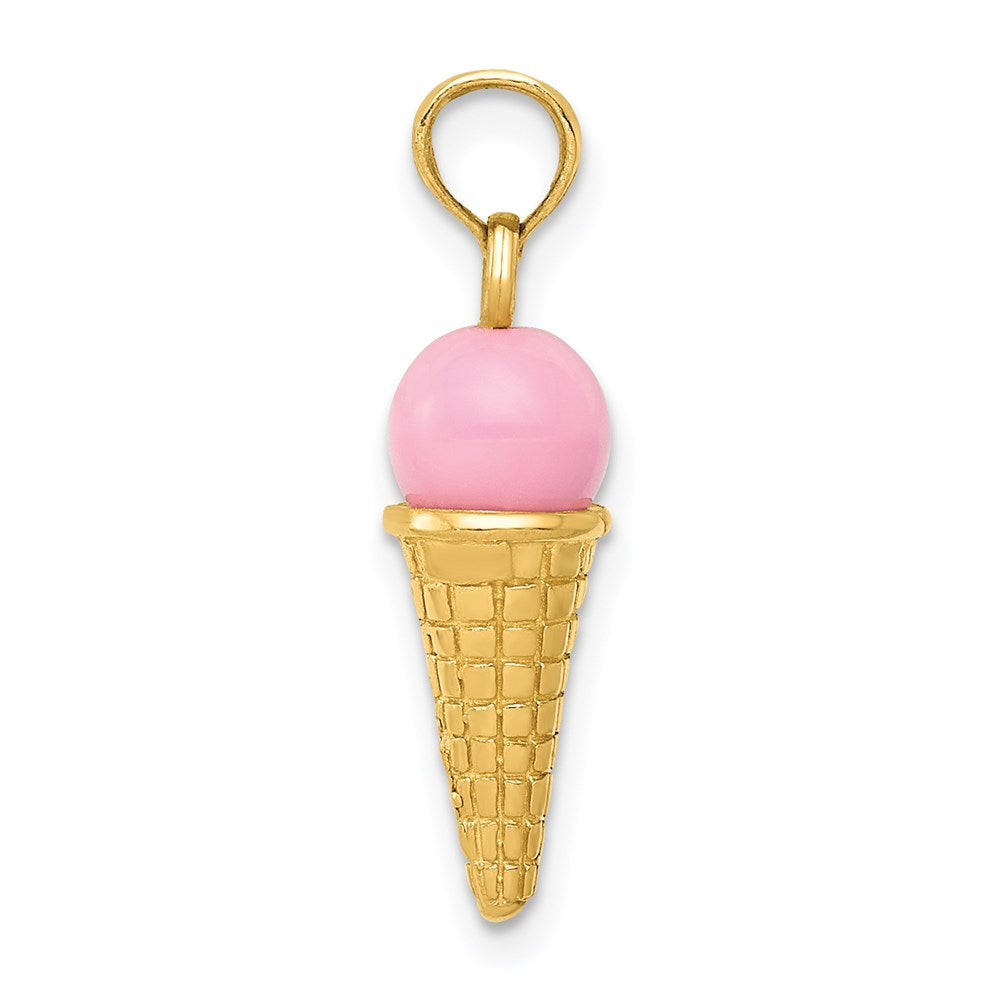 14k Yellow Gold Satin Polished 3D  Pink Quartz Ice Cream Cone Charm