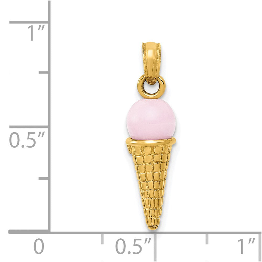 14k Yellow Gold Satin Polished 3D  Pink Quartz Ice Cream Cone Charm