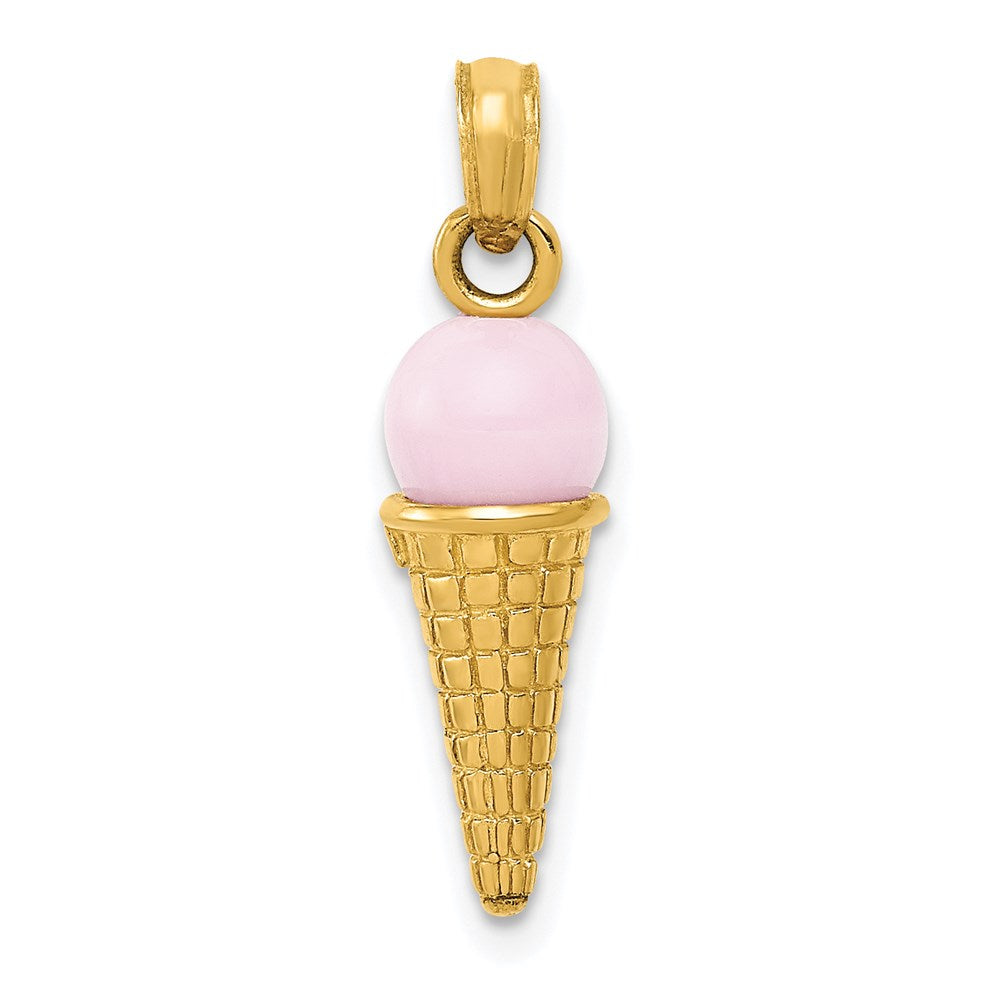 14k Yellow Gold Satin Polished 3D  Pink Quartz Ice Cream Cone Charm