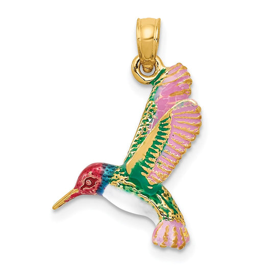 14k Yellow Gold Enameled 3D Hummingbird Pendant