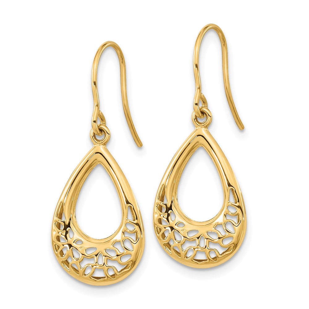 14k Yellow Gold Polished Floral Teardrop Shepherd Hook Earrings