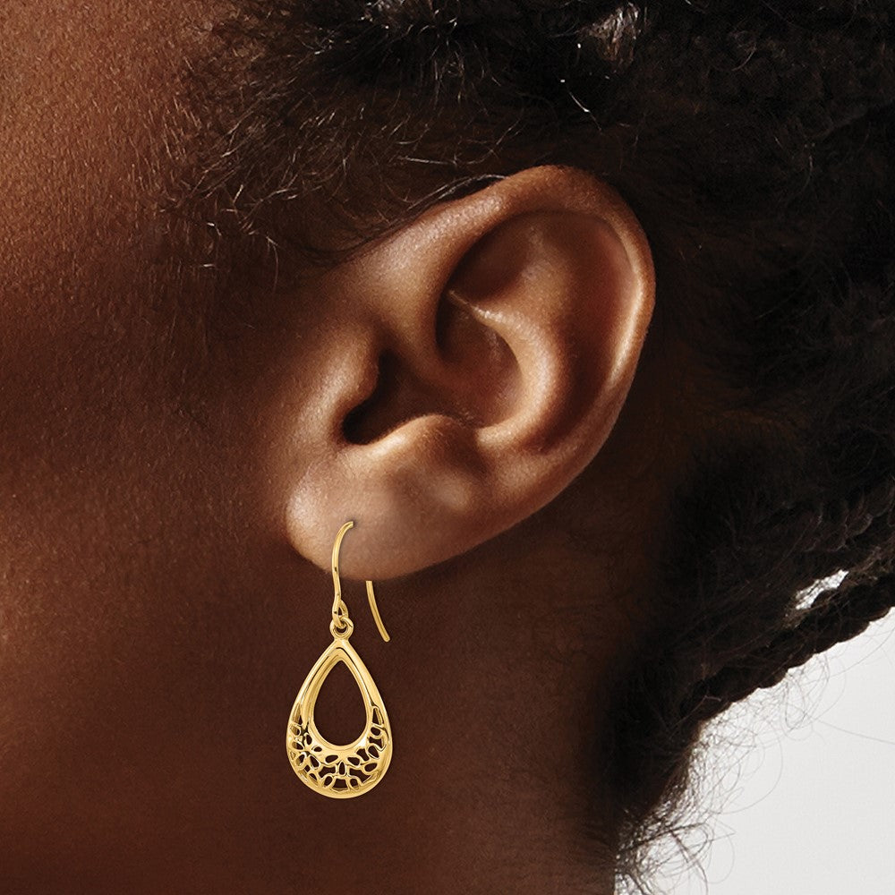 14k Yellow Gold Polished Floral Teardrop Shepherd Hook Earrings