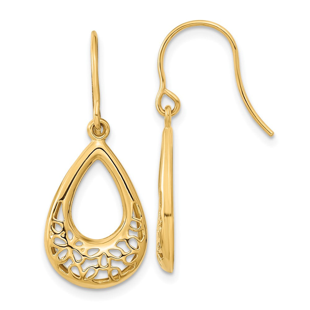 14k Yellow Gold Polished Floral Teardrop Shepherd Hook Earrings